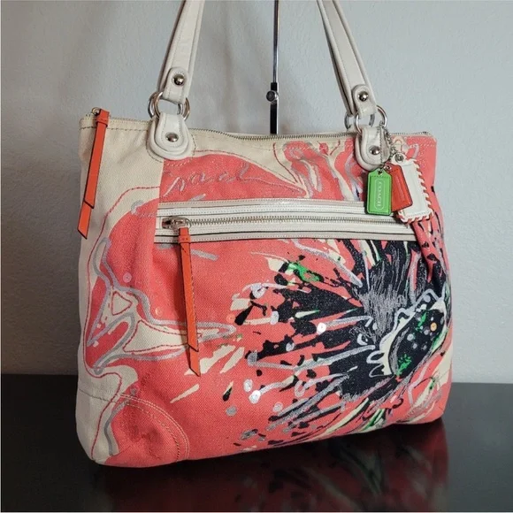 Coach Poppy Coral Floral Sequin Glam Canvas Shoulder Bag EUC - Picture 5 of 16